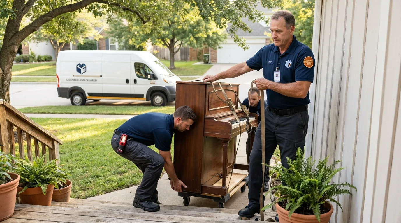 Licensed piano movers securing grand piano in Durand, IL