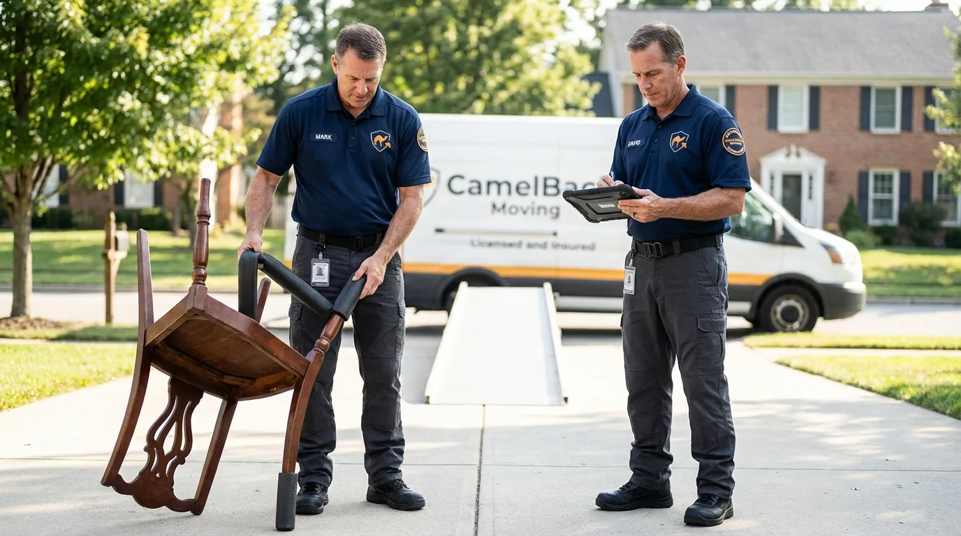 Movers inspecting furniture for damage prevention before loading in Durand, IL