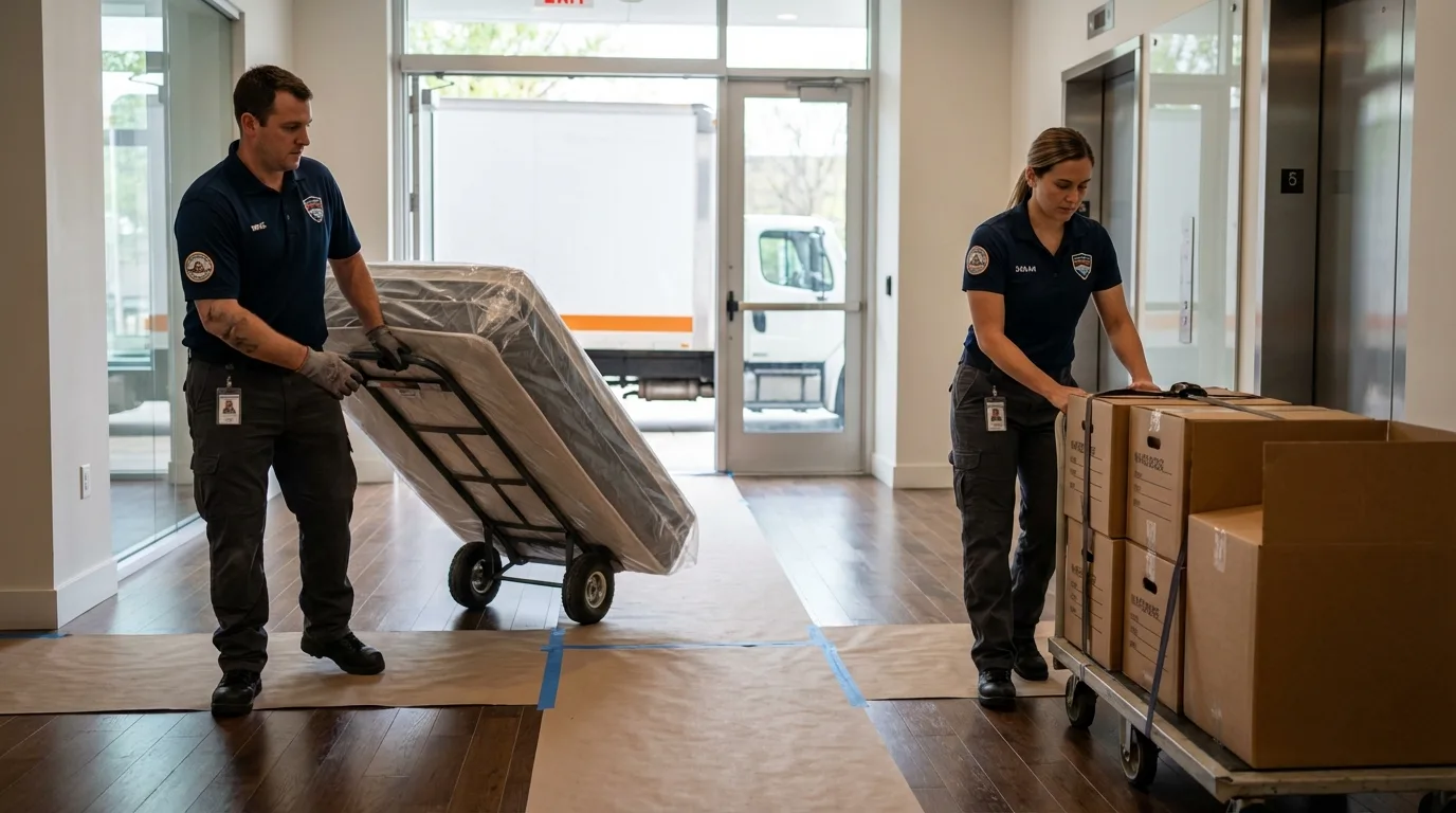 Professional apartment movers loading elevator in Durand, IL